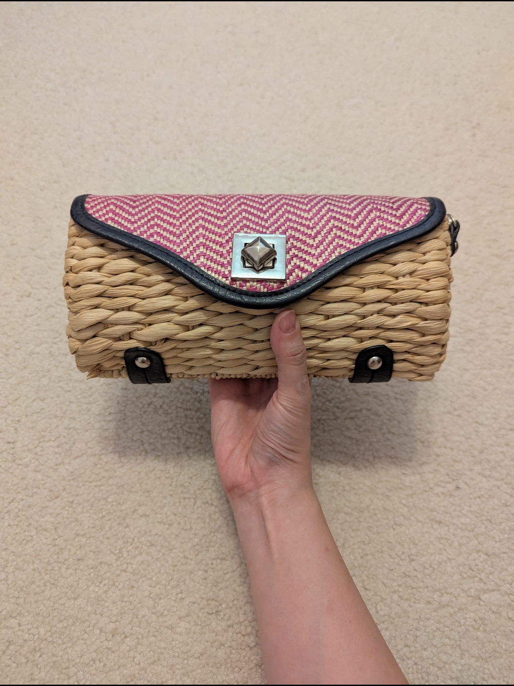 Charming Charlie Pink Chevron Straw Clutch with Black Trim